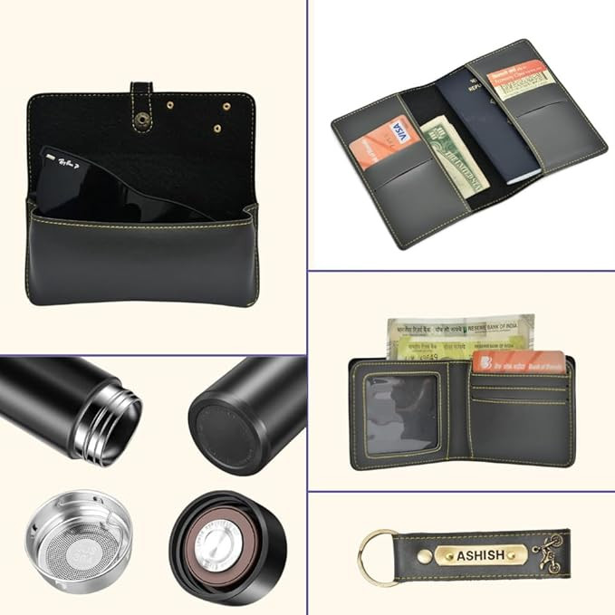 YOUR GIFT STUDIO Customized Leather 5 Pcs Gift Set for Men | Personalised Birthday Gift for Men, Brother, Father, Husband with Name Engrave | Customized Gift Hamper for Men (Grey)