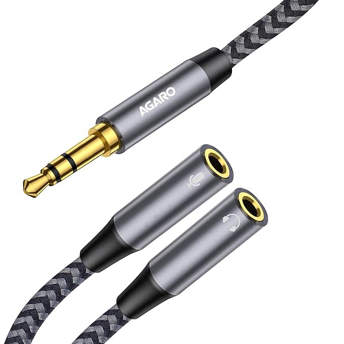 AGARO Headphone Splitter TRRS Audio Splitter Headset AUX connector Adapter Y Splitter Cable Stereo Male to 2 Female Separate Compatible With PS4 X Box One Laptop Phone PC Gaming Headset Silver, 30 Cm
