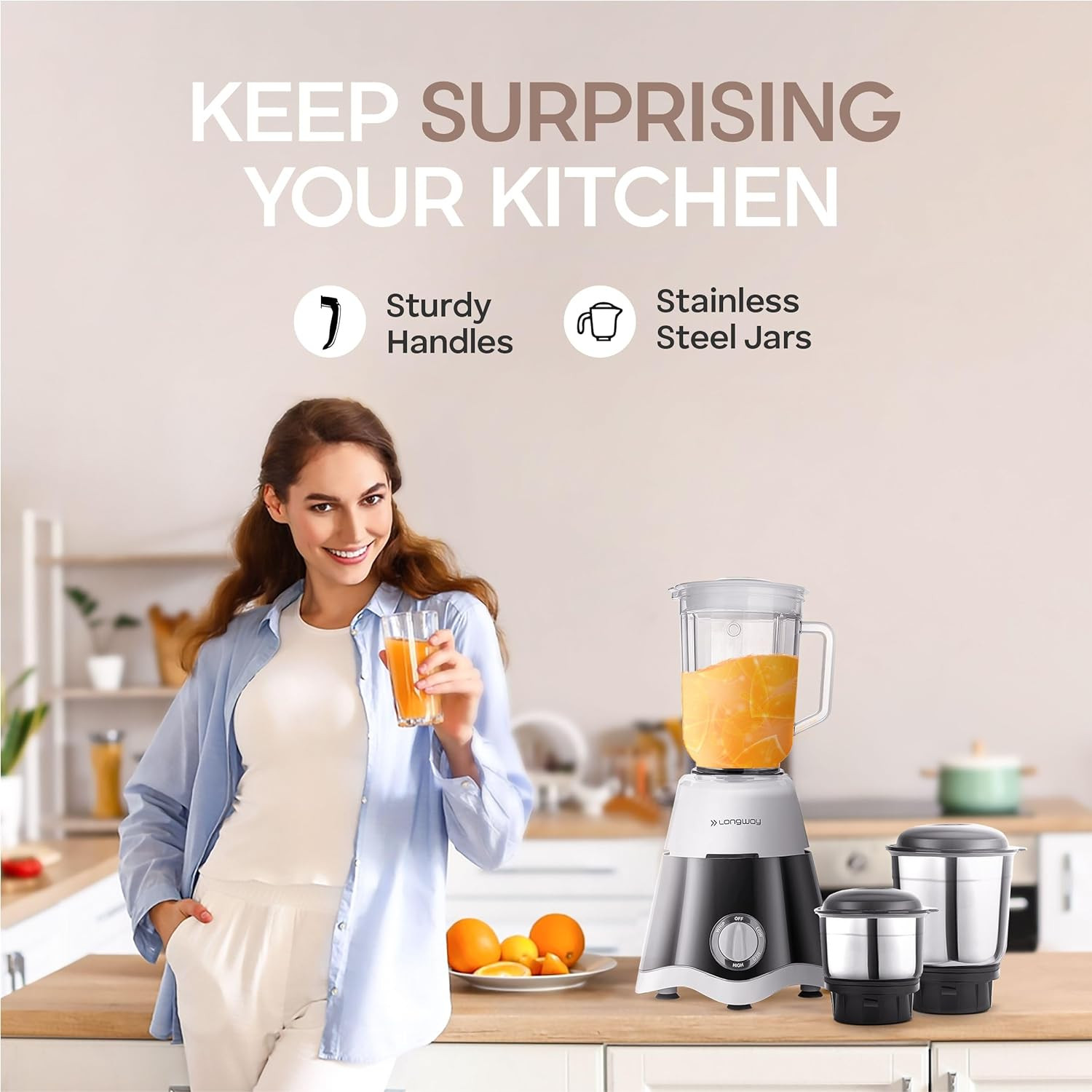 Longway Super Dlx 750 Watt Juicer Mixer Grinder with 4 Jars for Grinding, Mixing, Juicing with Powerful Motor | 1 Year Warranty | (Black & Gray, 4 Jars)