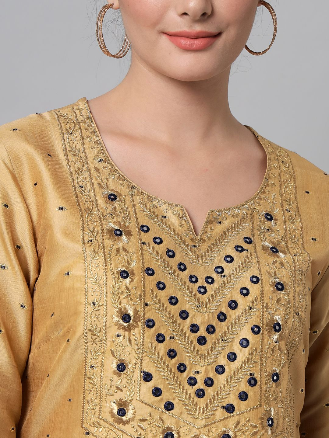 Golden beige zari embroidery kurta trouser set