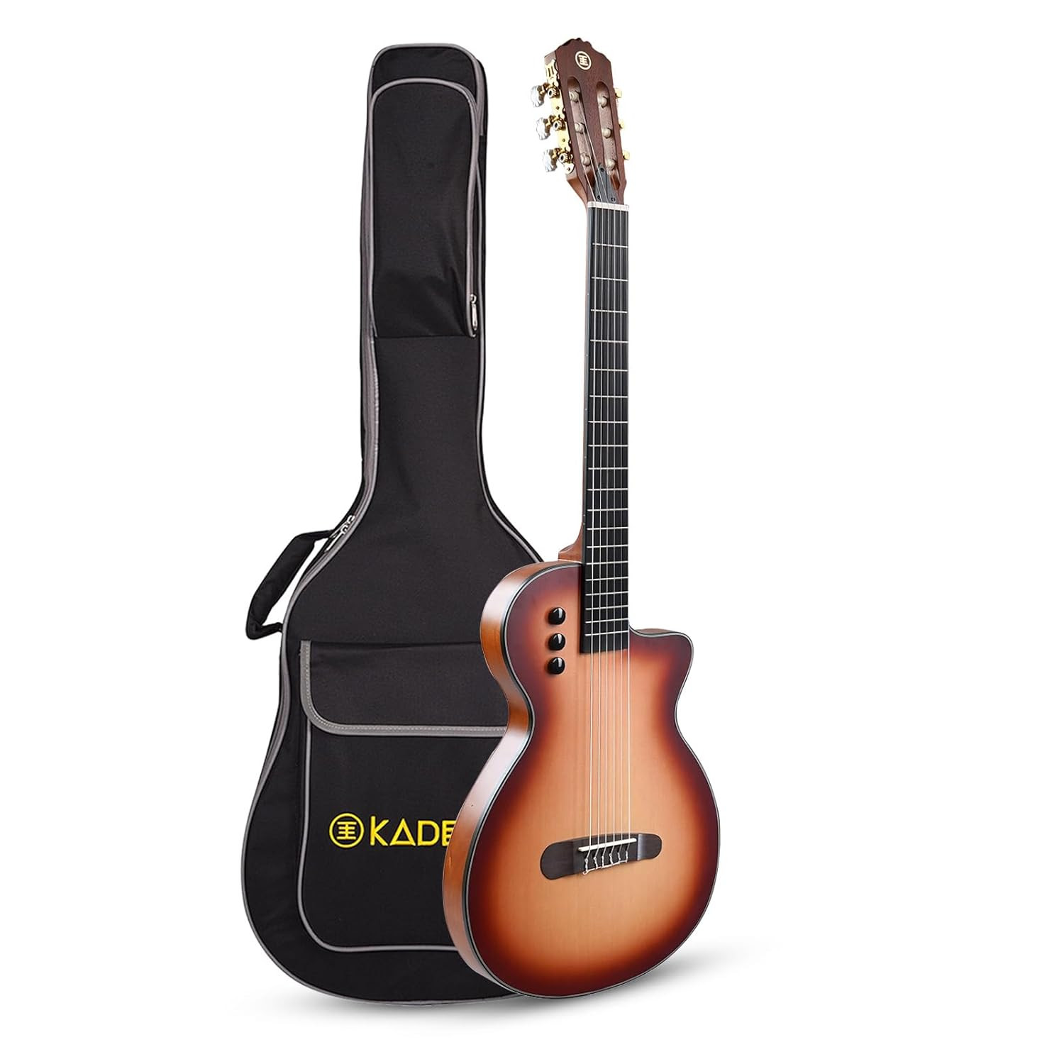 Kadence 39 Electric Classical Guitar - Thin Body SILENT GUITAR - Nylon Strings, Spruce Top, Solid Okoume back & sides, Matt Finish with Rounded Frets, Padded Bag and EQ (Travel Classical Guitar)