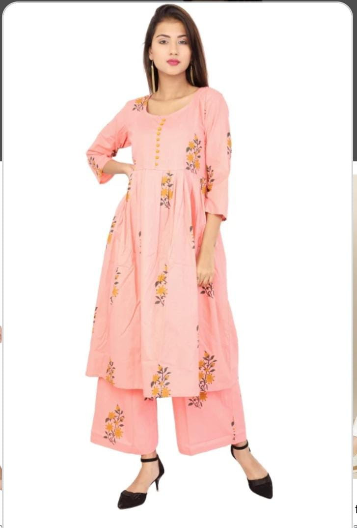 Women Cotton Pink Printed Long Kurti With Palazzos