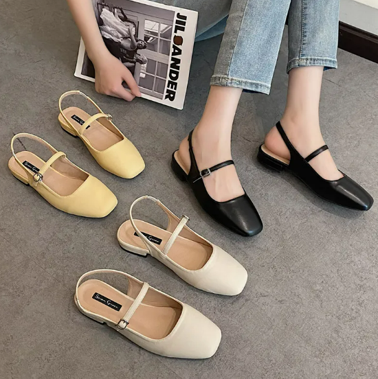 Women Flats Summer Sandals Square Toe Slip on Shoes