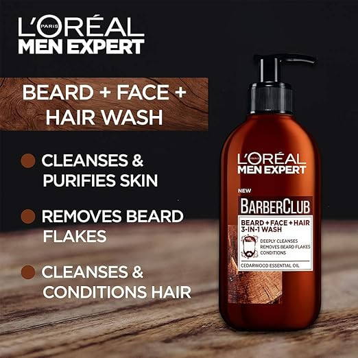 L'Oreal Paris Men Expert Barber Club, Beard + Face + Hair, 3-In-1 Wash, 200ml