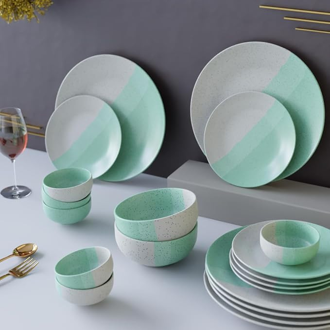 The Earth Store Handcrafted Tritone Green Matte 20 Piece Ceramic Dinner Set,