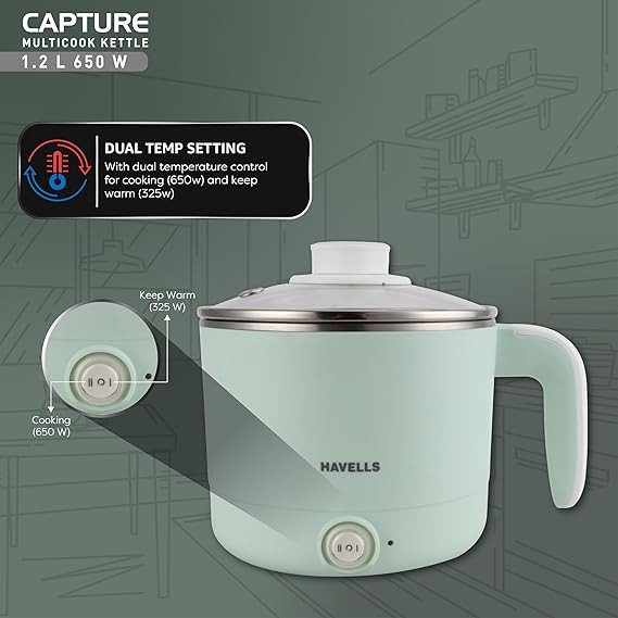 Havells Capture 1.2 Ltr Multi Cook Kettle with Steamer Basket| 304 SS Rust Resistant Body