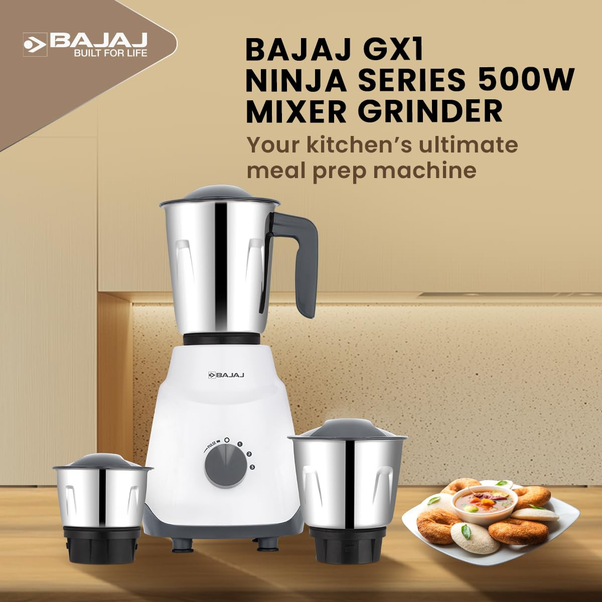 Bajaj GX1 Ninja Series 500W Mixer Grinder With 3 Jars(Stainless Steel Jars) | Superior Mixie For Kitchen | Durable Mixer Grinder | DuraCut Blades | 2 Yrs Warranty 【White/Grey】