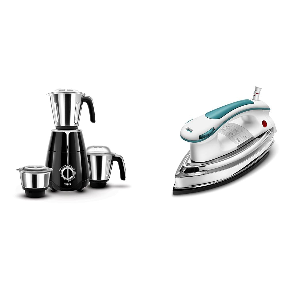 Wipro Elato 1000 Watt, 100% Copper Motor, Mixer Grinder with 3 Jar, Black + Elato GD 203 Heavy weight Electric Dry Iron Box, 1200 Watt, Blue (Build Your Home Kit(BYHK))