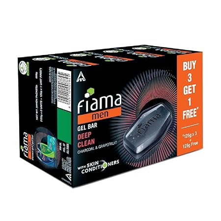Fiama Men Deep Clean Gel Bar, With Charcoal, Grapefruit & Skin Conditioners, 500g (125g - Pack of 3+1),Skin Friendly pH, Soap for Men, For All Skin Types