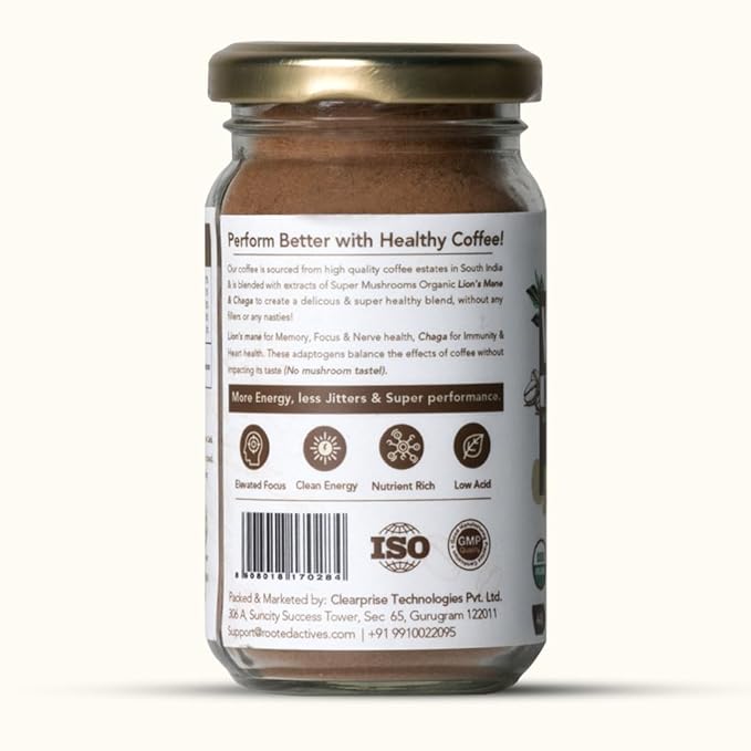 ROOTED Actives Wellness Muhroom Coffee (100 G), IC(Lion's Mane & Chaga - 20%) |Focus, Energy, Immunity & Heart Health, Powder, Jar Visit the ROOTED Store