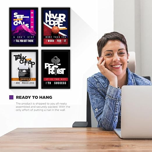 FATMUG Synthetic Framed Motivational Wall Posters With Glass (Set 7 Four A4, Multicolour) - Set Of 4