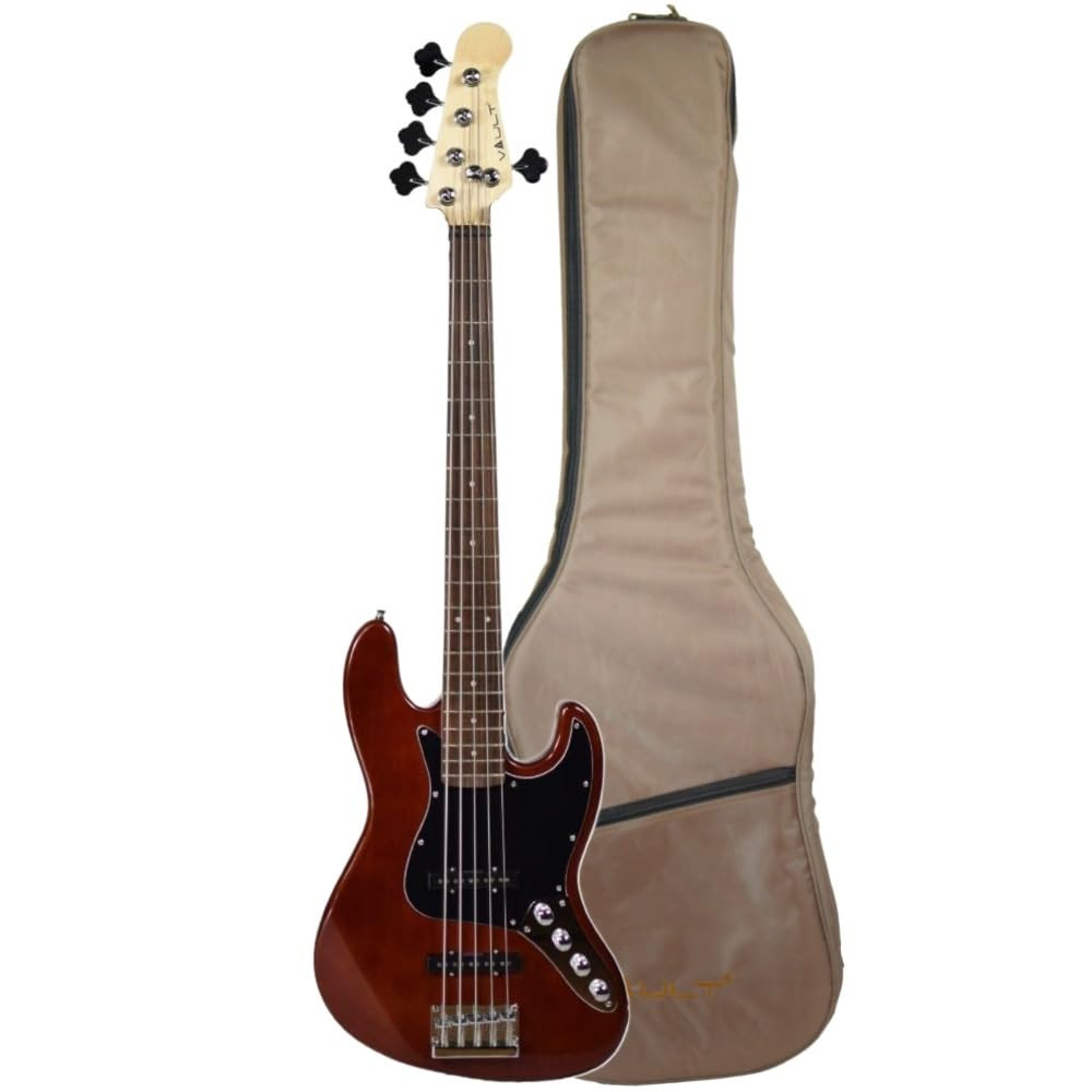 Vault Performer Pro JB5 String Electric Bass Guitar with Gigbag - High Gloss Solid Mahogany