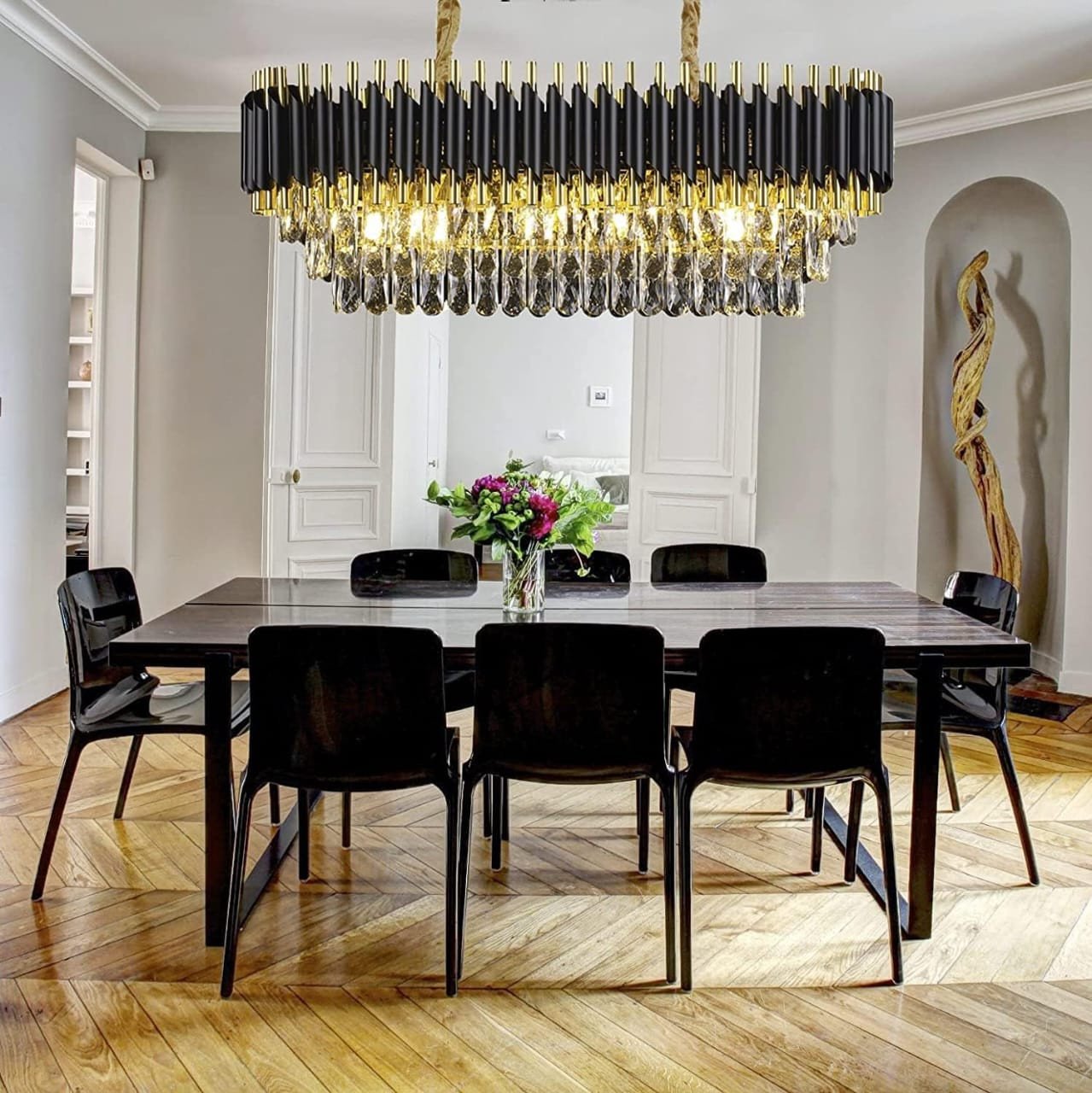 FLOSTON Modern Crystal Chandeliers Black Gold K9 Crystal 3 Tier Round Oval Crystal Chandelier Ceiling Light Fixture for Living Room and Hallway 600x300