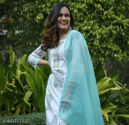 Classy Fashionable Designer Rayon Floral Printed Kurta Pant with Dupatta for Girl's Women's( white & blue)