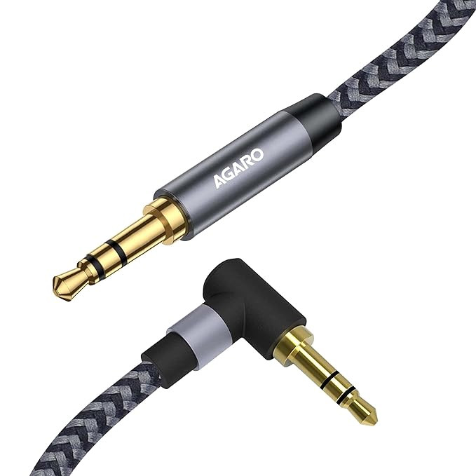 AGARO 3.5mm Audio Cable Stereo Aux 90 Degree Right Angle Aux Cable 24K Gold Plated Male to Male Hi-Fi Sound for Car, Home Stereos, Speakers & More 1M/ 100CM/ 3.2 Ft, Silver & Black, (33664)
