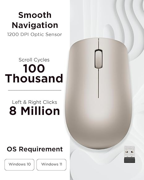 Lenovo 530 Wireless Mouse (Almond): Ambidextrous, Ergonomic Mouse, Up to 8 Million clicks for Left and Right Buttons, Optical Sensor