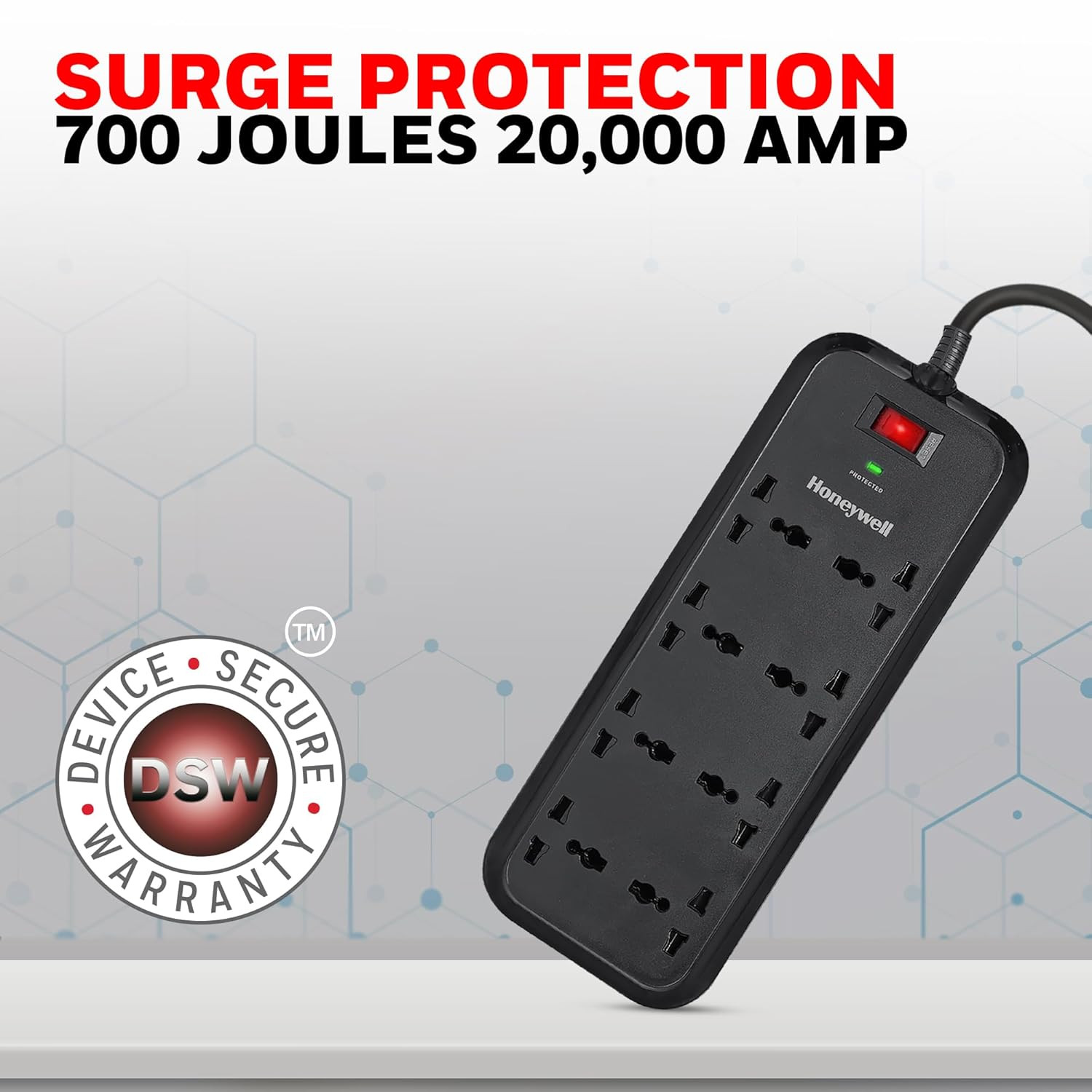 Honeywell Surge Protectord, Device Secure Warranty,Automatic Ovor, 8 Universal Sockets,50000Amp, 2 Meter Cerload Protection,Spike Guard/Extension Board,Master Switch,3Year Manufacturer Warranty