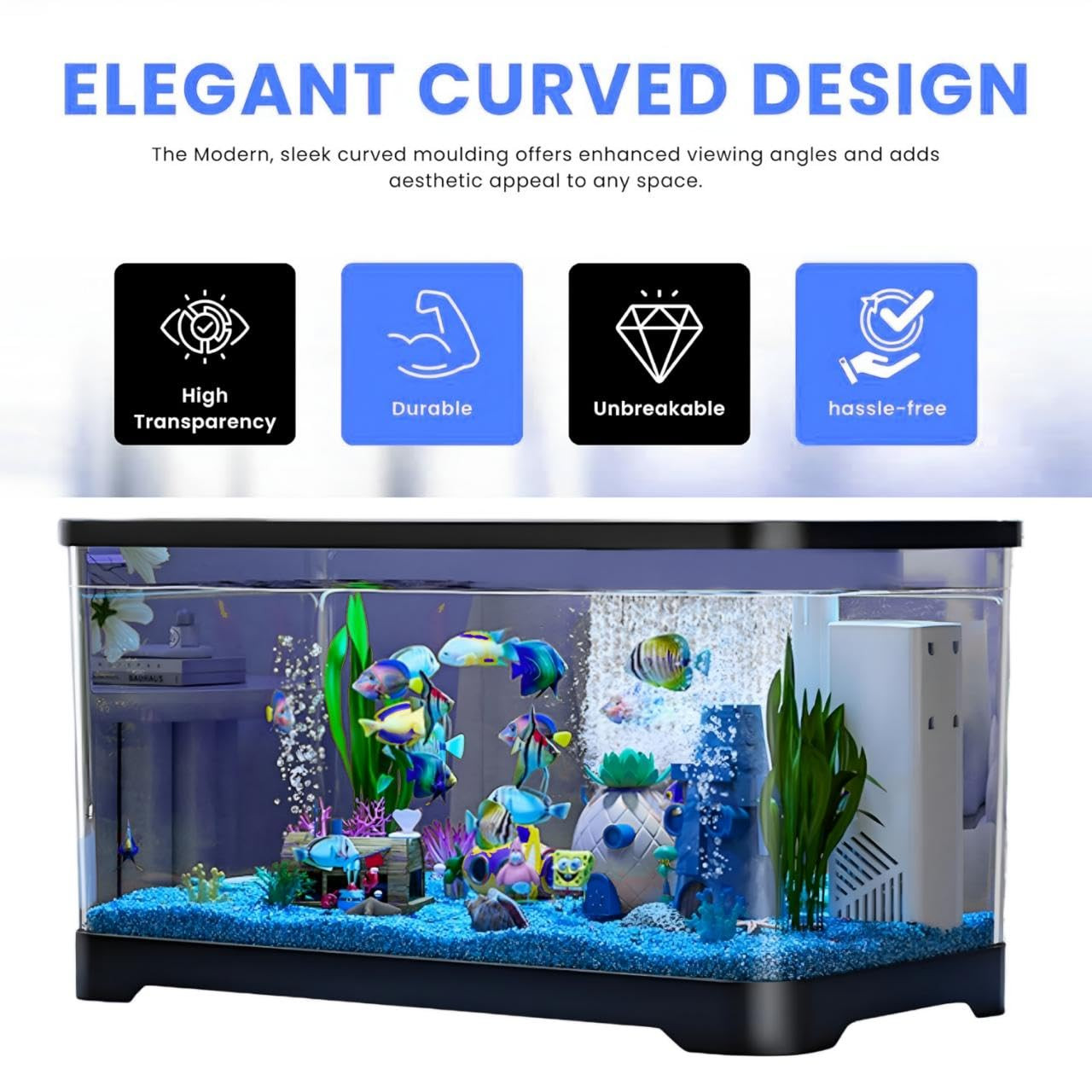 rizopets Unbreakable Curved Aquarium Fish Tank Set with Hang On Filter & Aquarium Light, Polycarbonate Material, Moulded Aquarium Tank (Medium 15.2L x 8.4W x 8.3H - Inches)