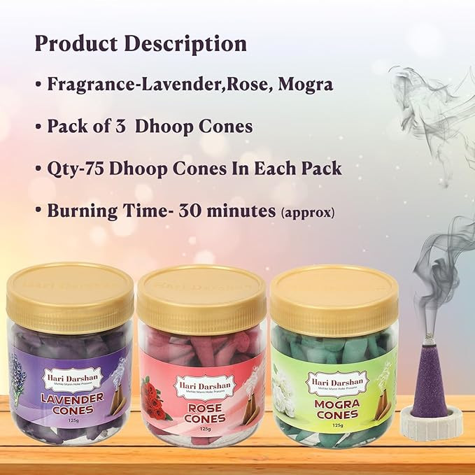 Hari Darshan Dhoop Cones Combo Pack of 3 Fragrance | Mogra | Lavender | Rose | 125g Each Pack | Organic Dry Dhoop Cones | Long Lasting Fragrance for Daily Pooja,Meditation and Yoga