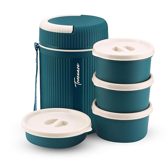 Trueware Meal 4 Insulated Hot Lunch Box with 3 PP Container 300 ML Each & 1 200ML | Microwave Safe, Food Grade, BPA Free | Office Lunch Box | Tiffin Box, Plastic, Peach