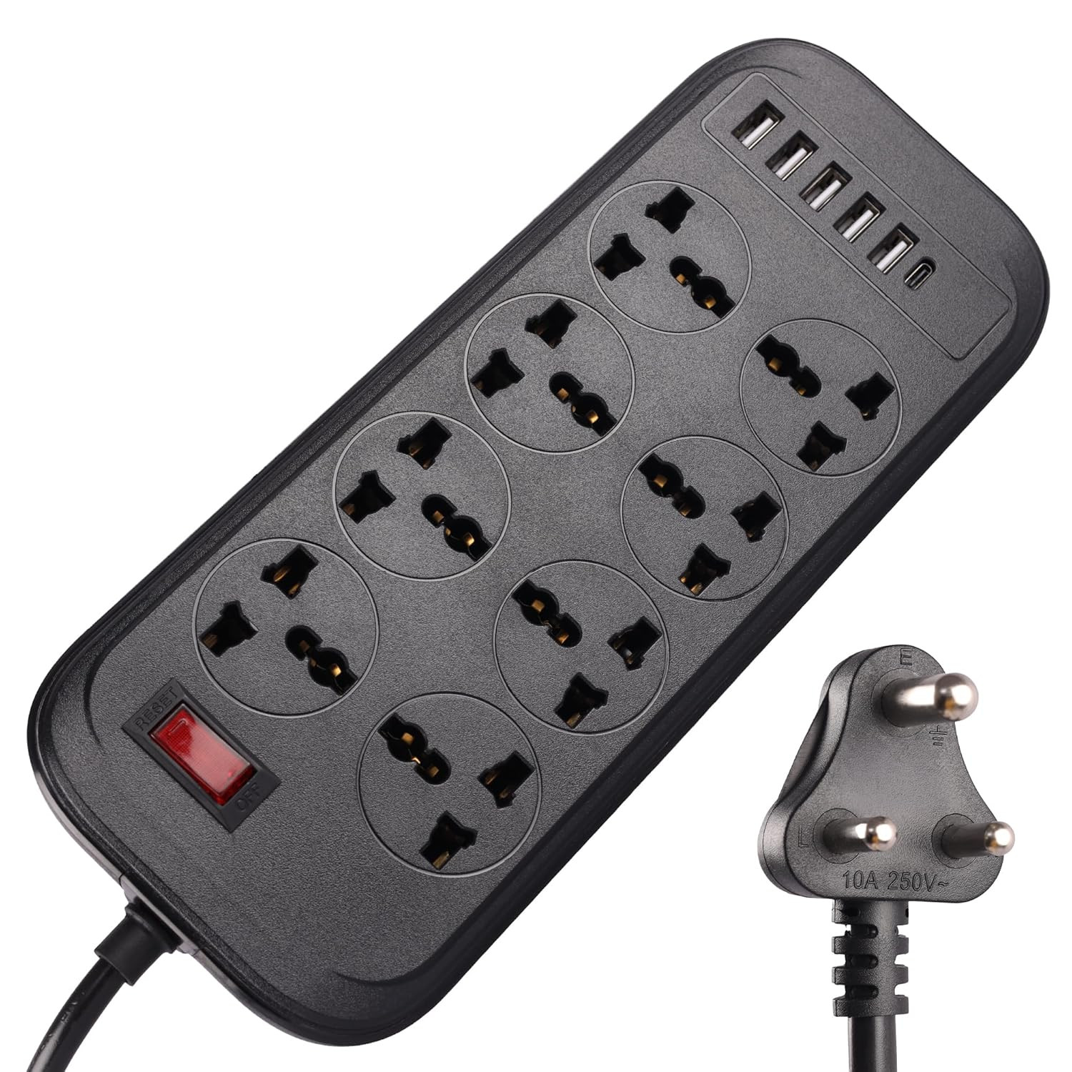 ZEBRONICS POWER BAR 282, Power Strip, 2500 Watts, 10 Amps, 1x Type C Port (15.5W), 8x Universal Socket, 4+1 USB Port (15.5W), LED Indicator, On/Off Switch, Overload Protection, Wall Mountable, 2 Meter