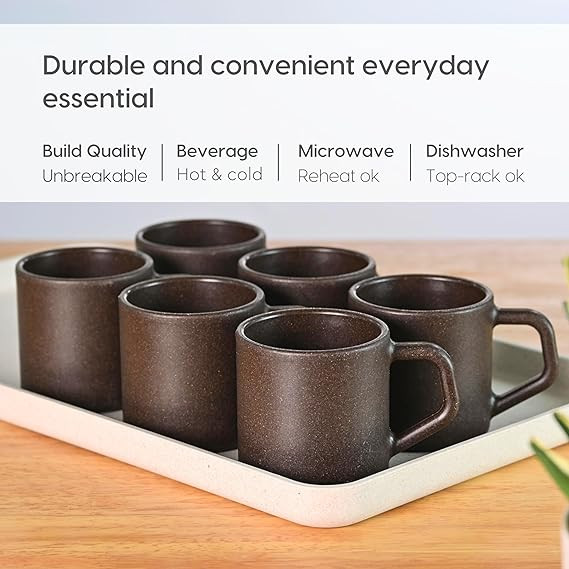 Eha Earth-Friendly Comfy Coffee Cup Set of 6 | 200 ml | Made with Rice Husk & Bamboo Fibers | Microwave Safe | for Hot & Cold Coffee Mug, Tea & Milk | Natural Matte Finish | Multicolor