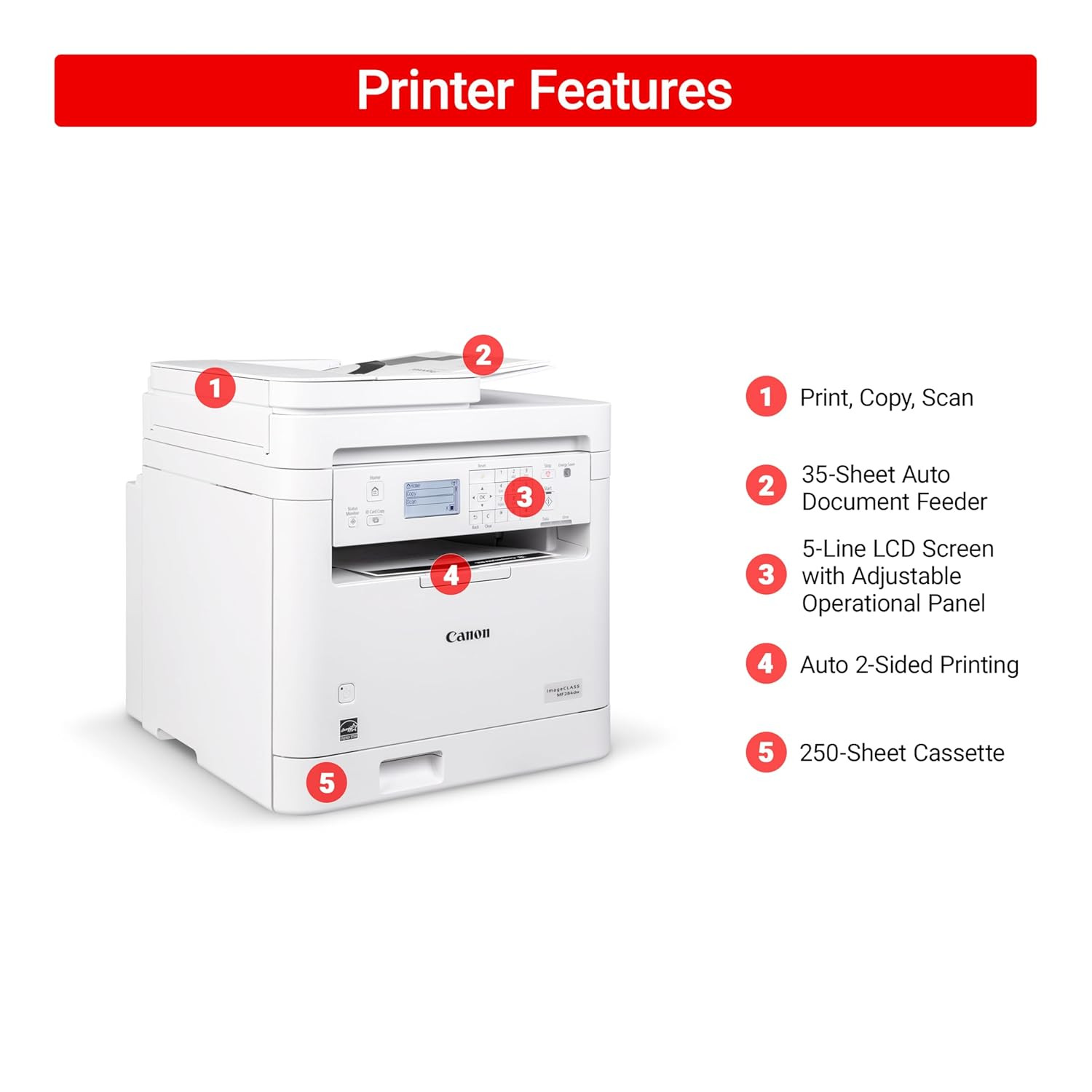 Canon imageCLASS MF284dw - Monochrome, Duplex, Wireless Laser Printer, Multifunction with Print, Copy, Scan, Auto Document Feeder, 1 Year Limited Warranty, 35 PPM, White