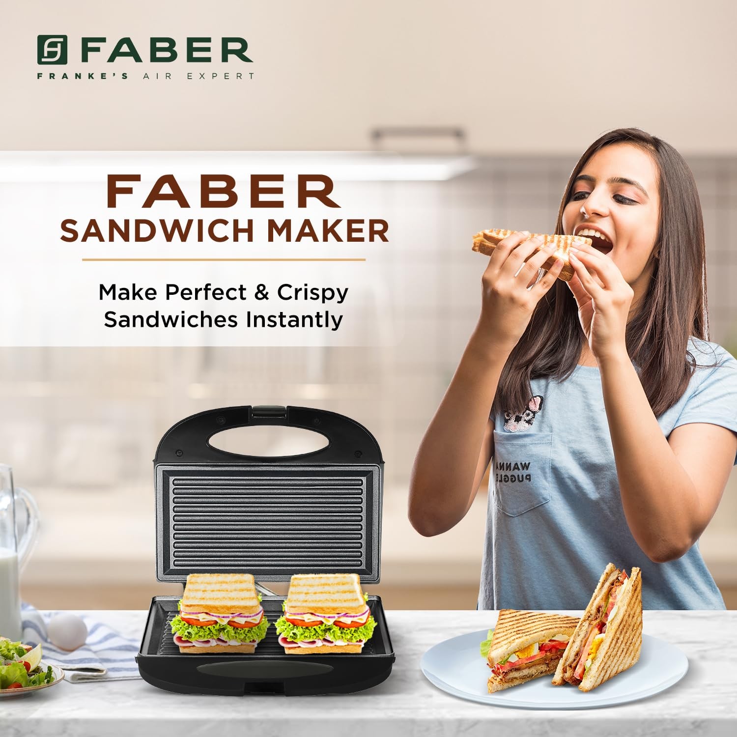 Faber 750W Sandwich Grill Toaster|Grill,Toast & Heat|2 Slice Slots,Power & Ready Lights,Auto Shut-Off,Cord Storage,Antiskid Feet|Non-Stick Coated Plates For Easy Cleaning|(Black),8.86 Inch,21.5 cm