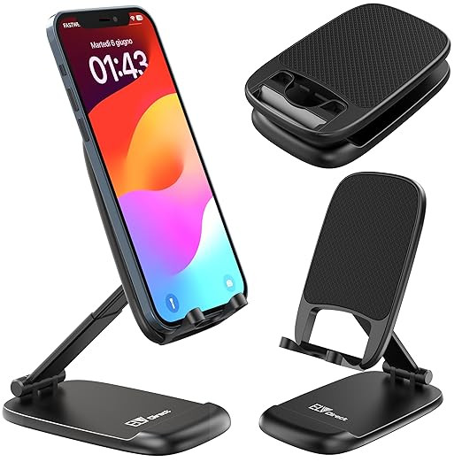 ELV Mobile Stand Adjustable Foldable Phone Stand for Desk Cell Phone Holder Portable Desktop Dock Compatible with Smartphone and Tablets Upto 8 inches - Black