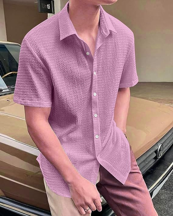 IndoPrimo Men's Regular Fit Self Design Spread Collar Casual Half Sleeve Shirt - Pop