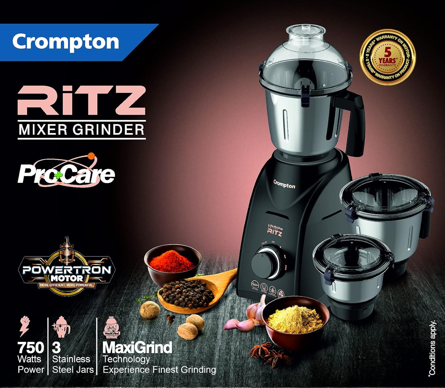 Crompton Ritz 750-Watt Mixer Grinder with Anti-Bacteria & Anti-Odour N9 Plastix Technology (3 Stainless Steel Jars, Matte Black), (ACGM-RITZ)