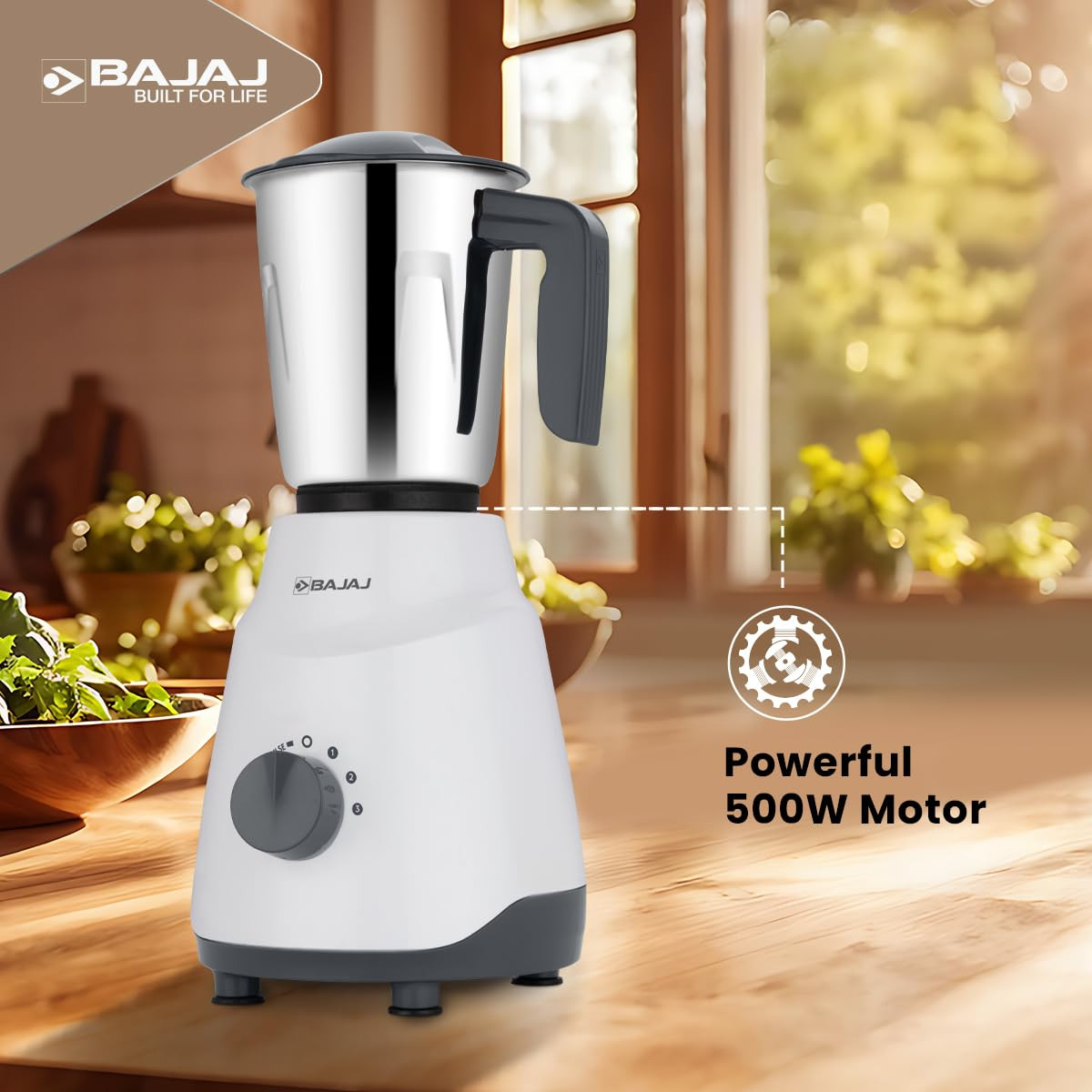 Bajaj GX1 Ninja Series 500W Mixer Grinder With 3 Jars(Stainless Steel Jars) | Superior Mixie For Kitchen | Durable Mixer Grinder | DuraCut Blades | 2 Yrs Warranty 【White/Grey】