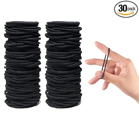 Elina Black Elastic Hair Ties Premium No Damage Ouchless Rubber Bands Stretchable Non-Slip 4MM for Medium Thick Thin Hair, Pain-Free Ponytail Holders, Scrunchy, Women, Men, Girls (Black, 30 Pcs)