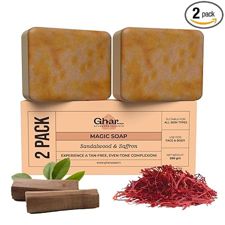 Ghar Soaps Sandalwood & Saffron Magic Soaps For Bath (100 Gms Pack Of 2) | Paraben Free | Chandan & Kesar Bath Soap | Handmade Soaps For Glowing | Skin Brightening Soap For Men & Women