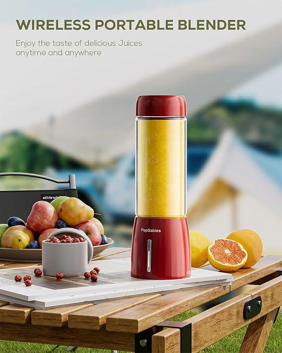 Popbabies Portable blender for smoothie and juices, 6 Sharp Blade Ice Crushing, blender smoothie juice, Pulse Mode Feature, 4000mAh, USB-C Waterproof Charging Port, Food Grade Jar, 450ML (Red)