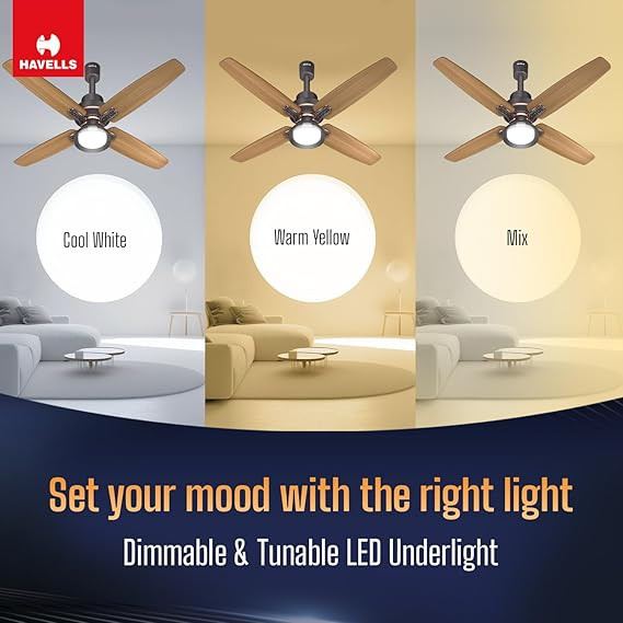 Havells 1320mm Albus Underlight BLDC Ceiling Fan | Remote Controlled, High Air Delivery Fan | 5 Star Rated, Upto 60% Energy Saving, 2 Year Warranty | (Pack of 1, Smoke Brown Wood)