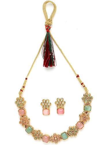 Sukkhi Youthful Floral Gold Plated Multicolor AD Stone Collar Bone Necklace Set And Earring | Jewellery Set For Women