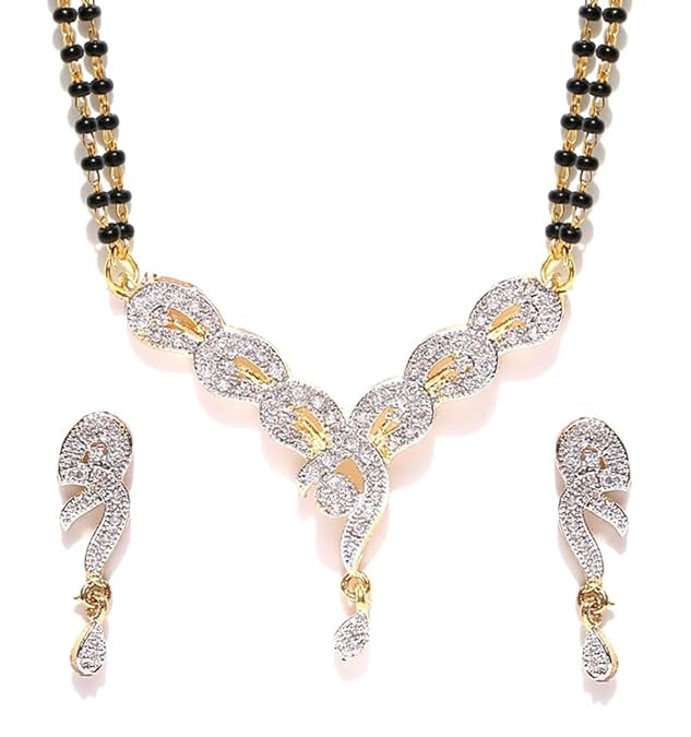 YouBella Women's Pride American Diamond Gold Plated Mangalsutra Pendant with Chain and Earrings for Women