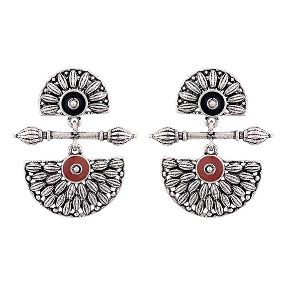 Voylla Brass Silver Oxidised Mandala Design Lightly Embellished Drop Earrings for Women and Girls