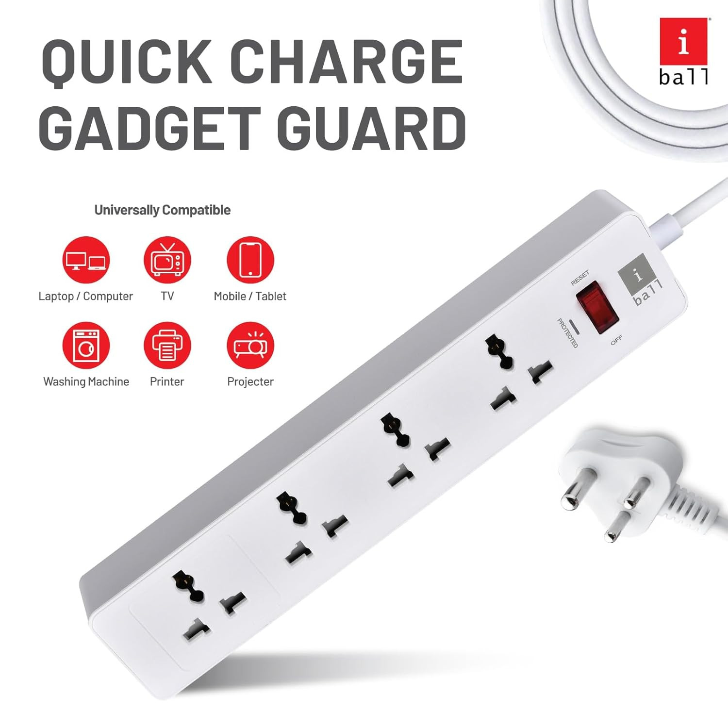 iBall GUARD-4X 4-Socket Surge Protector, TF MOV + 500 Joules, Universal Socket with Shutter, Auto-Reset Switch, 2M ISI Certified Cable, 100% Copper Conductor, 2500W Load Capacity, 3 Years Warranty