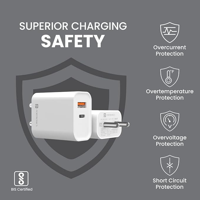 Portronics Adapto 45 22.5W Max Output USB & Type-C Dual Output Super Fast Charger,Wall Adapter Power Delivery 3.0& USB A Fast Charge Adaptor for iPhone,Android & Other Type C Enabled Devices