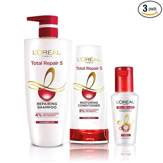L'Oreal Paris Repairing Shampoo + Restoring Conditioner + Smoothening and Repairing Serum For Damaged and Weak Hair, With Pro-Keratin, Ceramide+UV Filter, Total Repair 5, Bundle pack