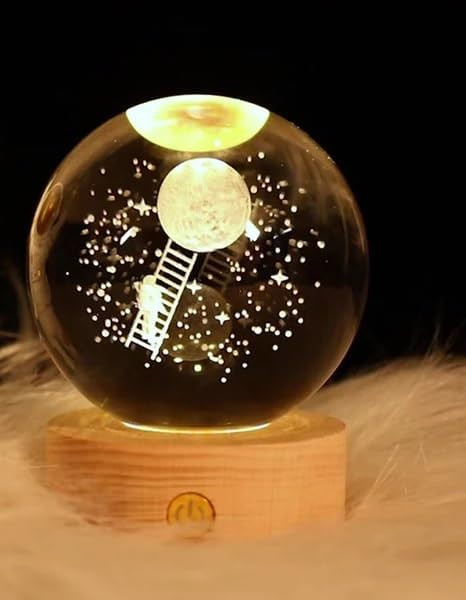 Desidiya 3D Astronaut Climbing Moon Crystal Ball Night Light with Wooden Base - LED USB Table Lamp for Kids, Teens, and Home Decor