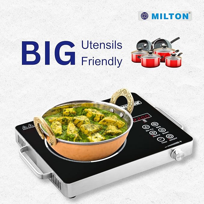 MILTON Classic 2200 Watt Infrared Cooktop with Crystal Glass & Touch Panel | 4 Pre set cooking Modes | Stir-fry | BBQ | Hot Pot | Steam | 60°C to 600°C | Digital time & Watt display - Classic SIlver