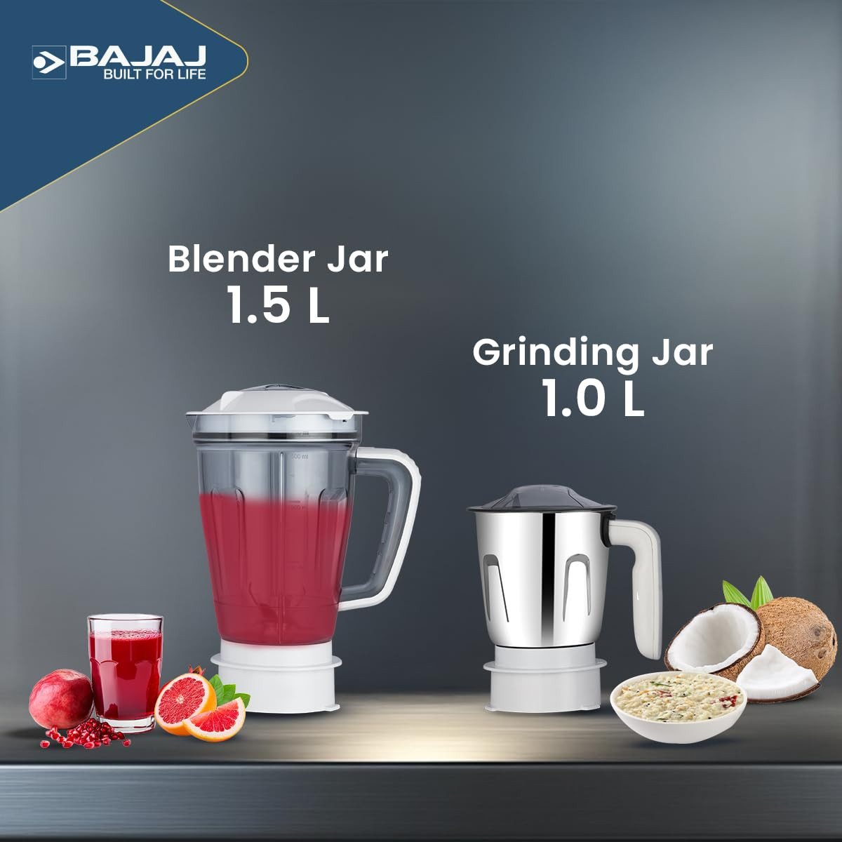 Bajaj Ninja Series PowerBlend 1000 Watts Juicer Mixer Grinder With 2 Jars | DuraCut® Blades | Metagrip™ Metal Coupler | 2 Yrs Warranty 【White & Grey】