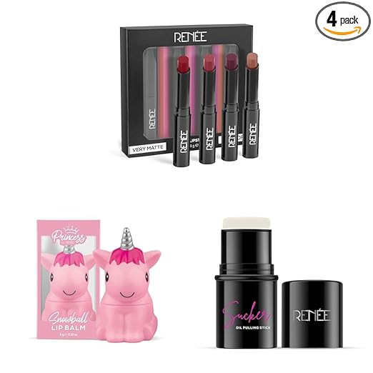 RENEE Very Matte - Pack Of 4 Matte Lipsticks & Princess Snowball Lip Balm 3Gm For Pre-Teen Girls & Sucker Oil Pulling Primer Stick 5Gm, Instantly Mattifies & Smoothens Skin Texture