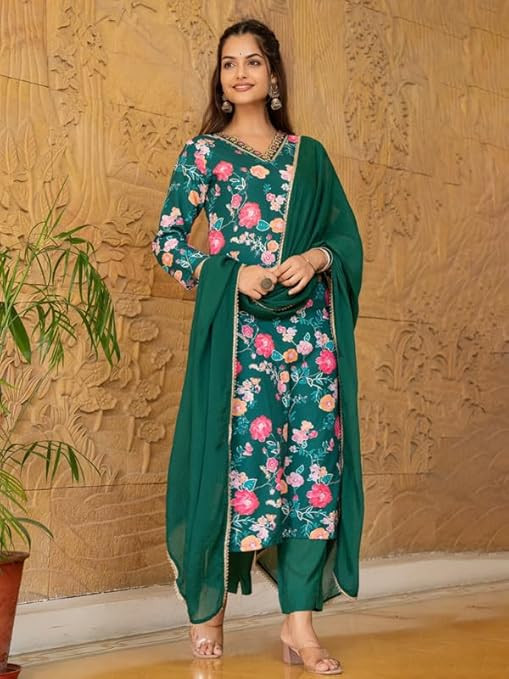 Vaamsi Women's Floral Straight Printed Kurta Pant With Dupatta