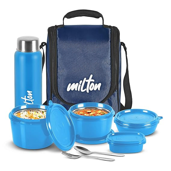 MILTON Pro Lunch Box with Steel Cutlery, 3 Microwave Safe Inner Steel Containers (180ml, 320ml, 450ml) Plastic Chutney Dabba 100ml, Steel Bottle 750ml with Insulated Bag, Office Tiffin,)