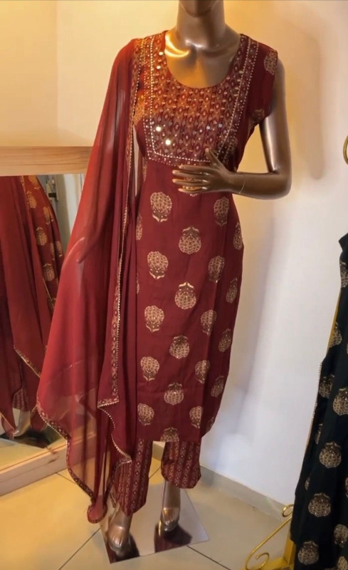 Golden Printed Cotton Suit in Red