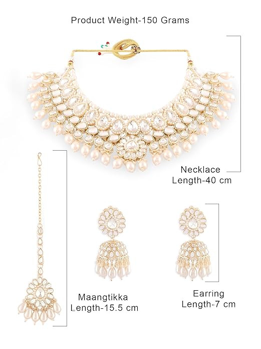 ZAVERI PEARLS Gold Tone Kundan Artificial Stones & Beads Bridal Necklace Earring & Maangtikka Set For Women-ZPFK17106